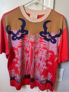 Jazmin Chebar Hard Vibrant Palm Tree Graphic Tee with Navy Embroidered Detail